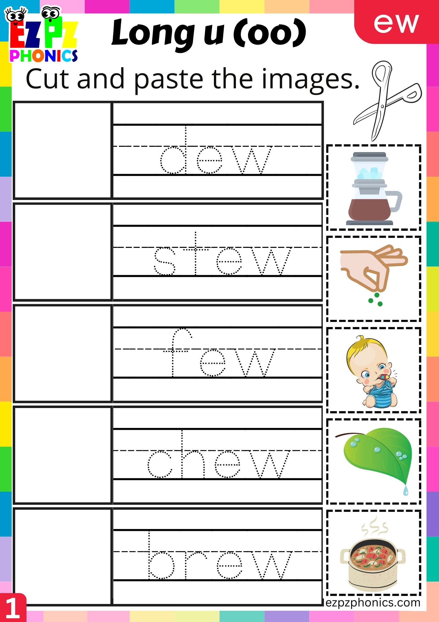 ew Words Long u (oo) Cut and Paste the Images Worksheet PDF Download